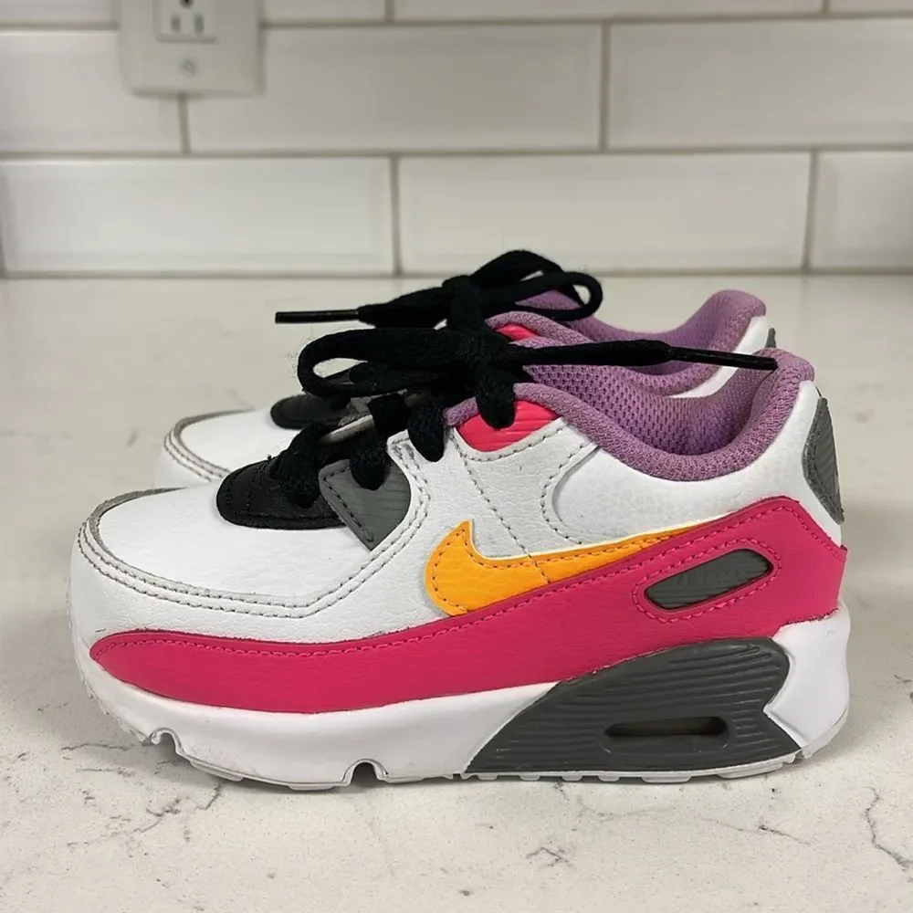 NIKE Air Max 90 Laser Orange Hyper Pink TD Toddler Size 7C White Gray DM8688-100